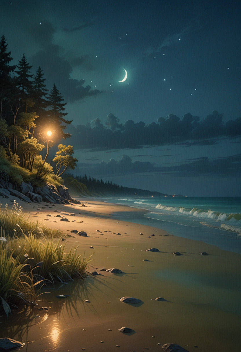Moonlit Beach Scene with Glowing Creatures