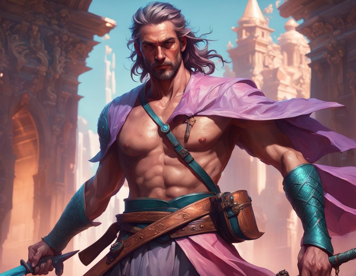 Handsome Rugged Swords-Master Mage in High Fantasy Art