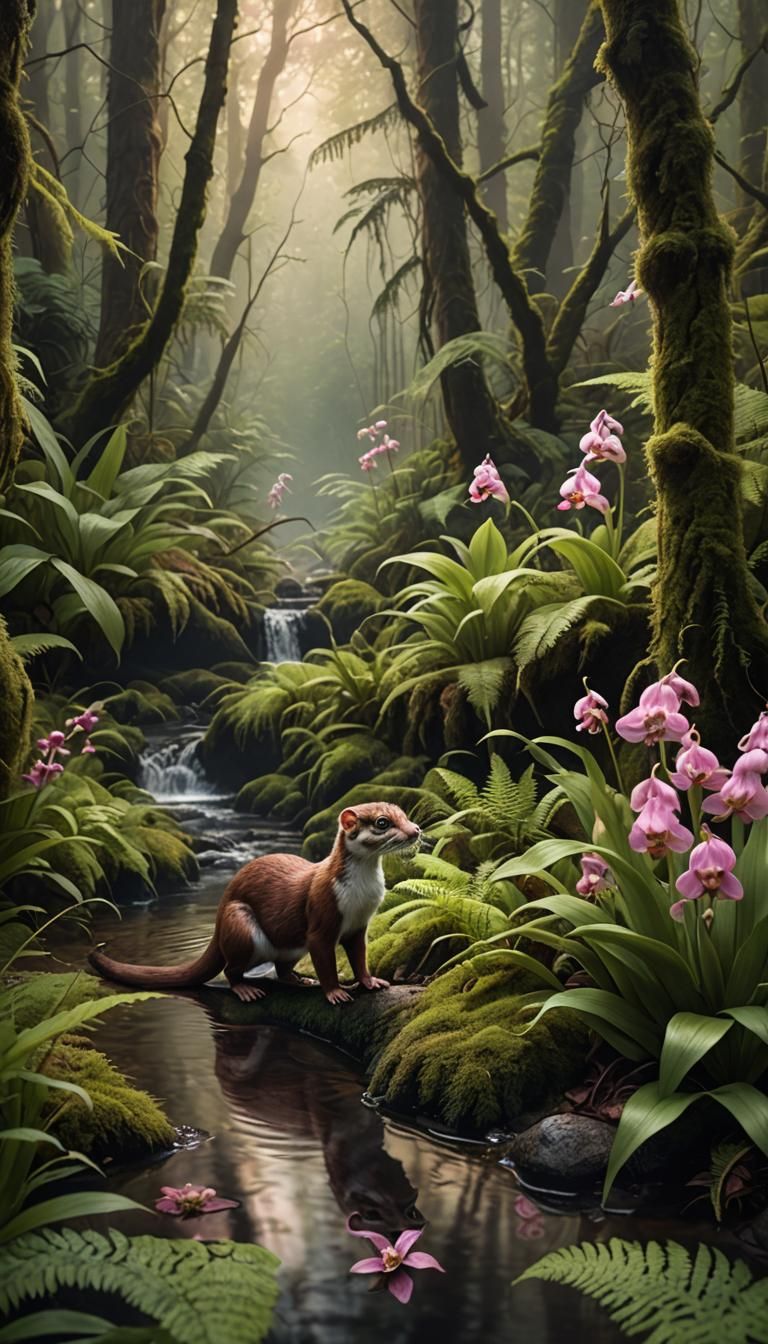 Weasel in Forest with Lady Slippers