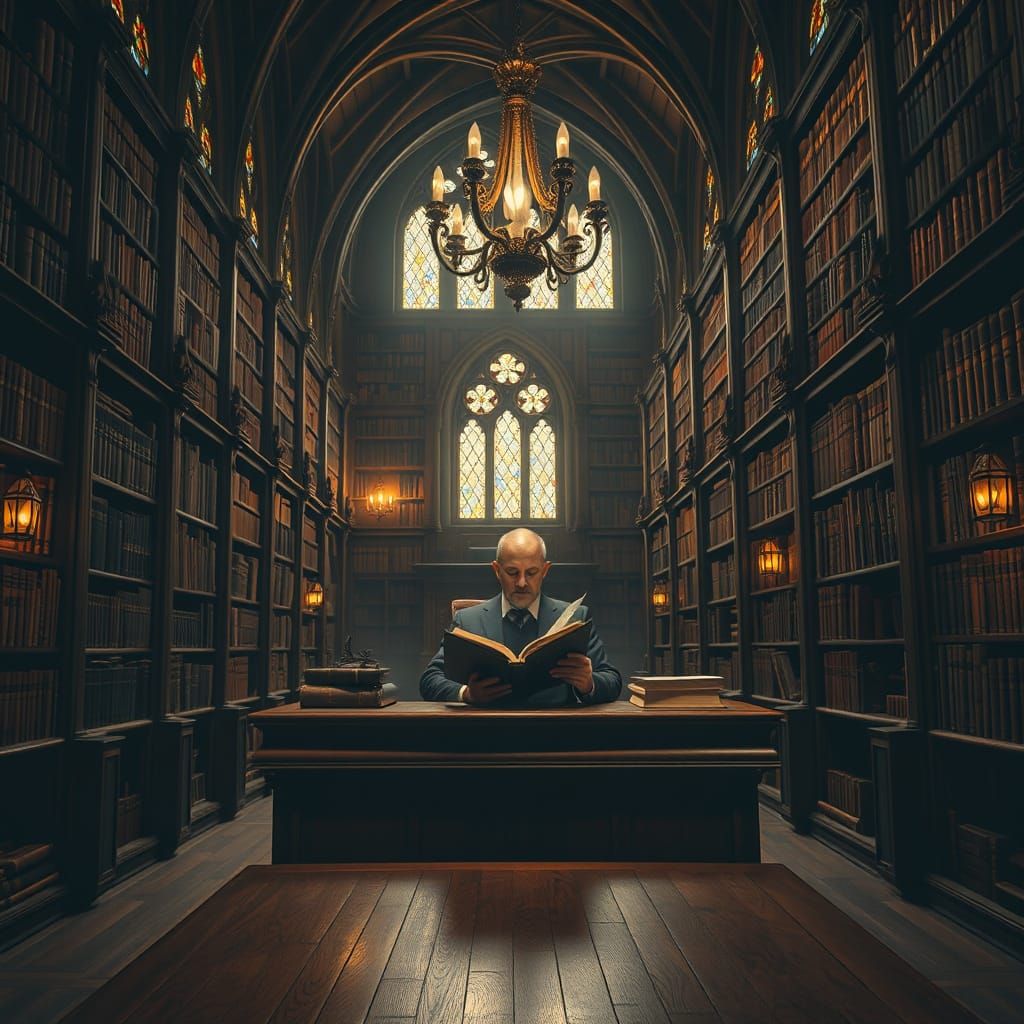 Gothic Library with Scholar, Evoking Atmospheric Depth