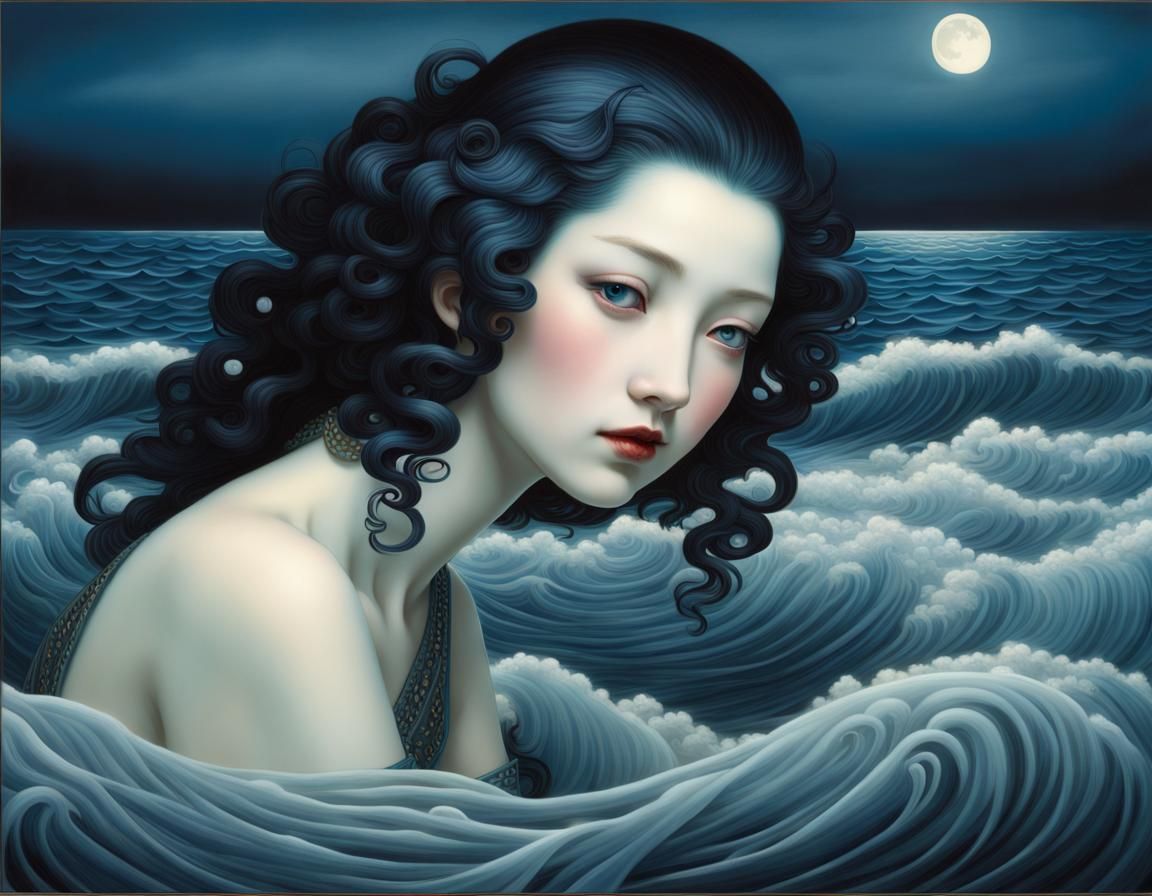 Moonlit Asian Beauty Portrait in Blue Shades