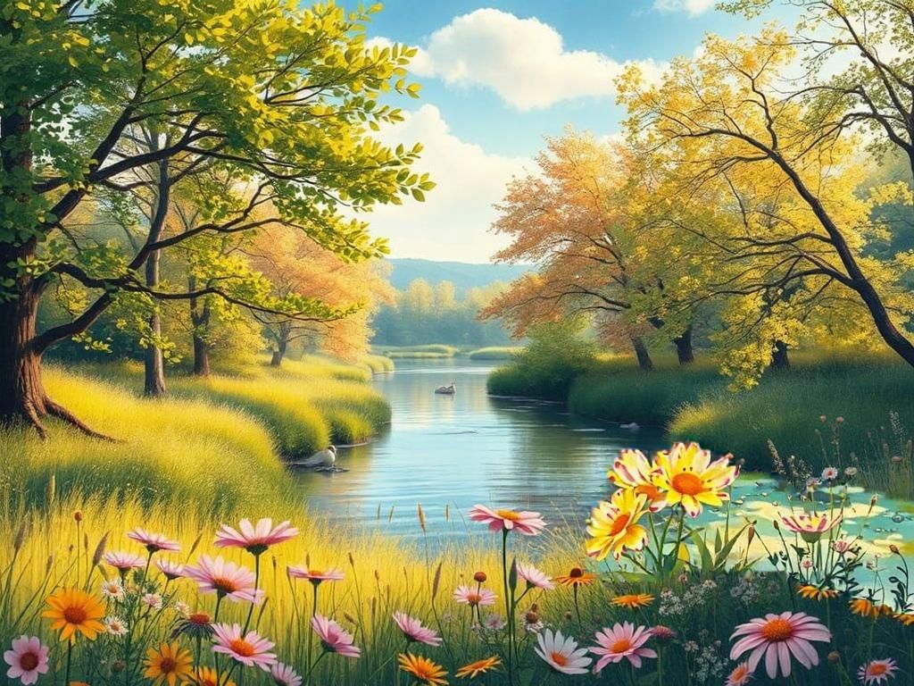 Serene River: Whimsical Watercolor Meadow Landscape