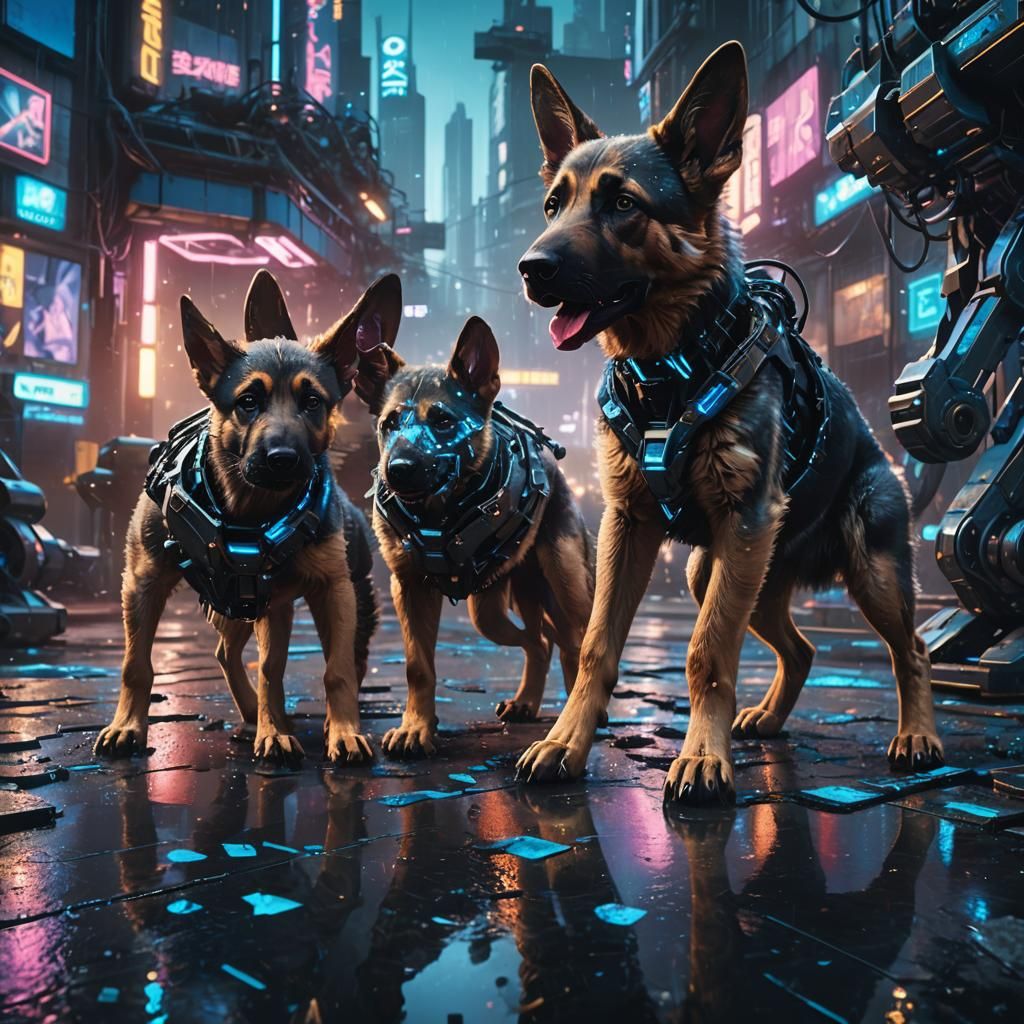 Cyberpunk Puppies Play in Futuristic Cityscape