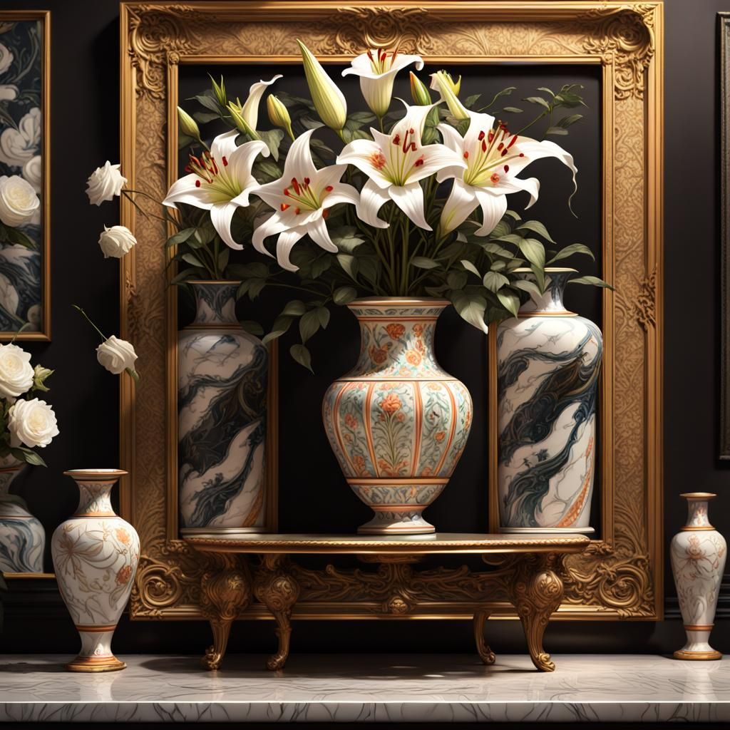 Framed border..Three colored vases..intricate patterns..tiger lilies white roses..dark background..marble museum setting...