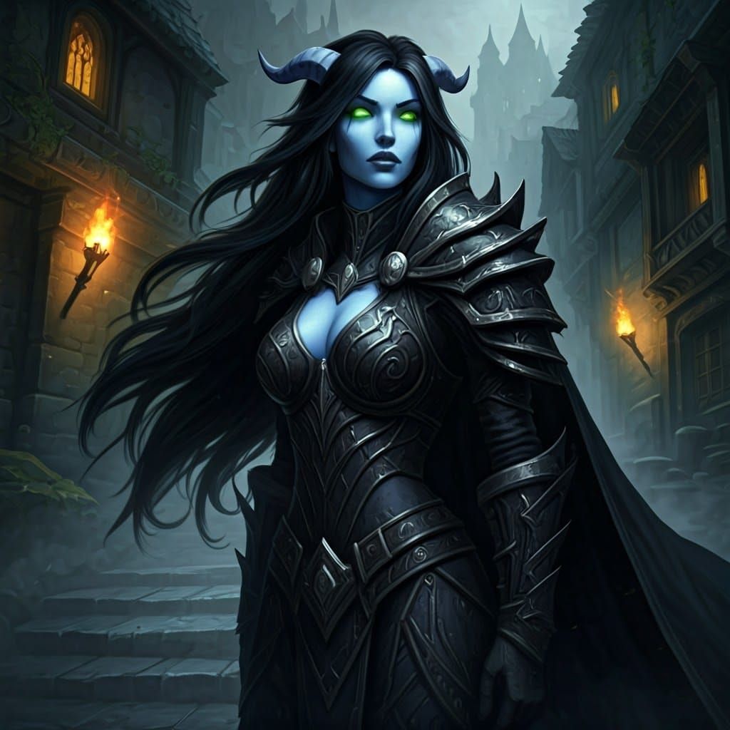 Female draenei with luminescent light blue skin and cascading black shoulder-length hair, adorned with subtle, glowing g...
