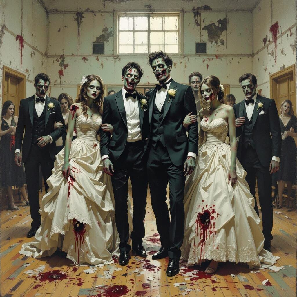 Grotesque Zombie Prom in Abandoned Gym Oil Painting