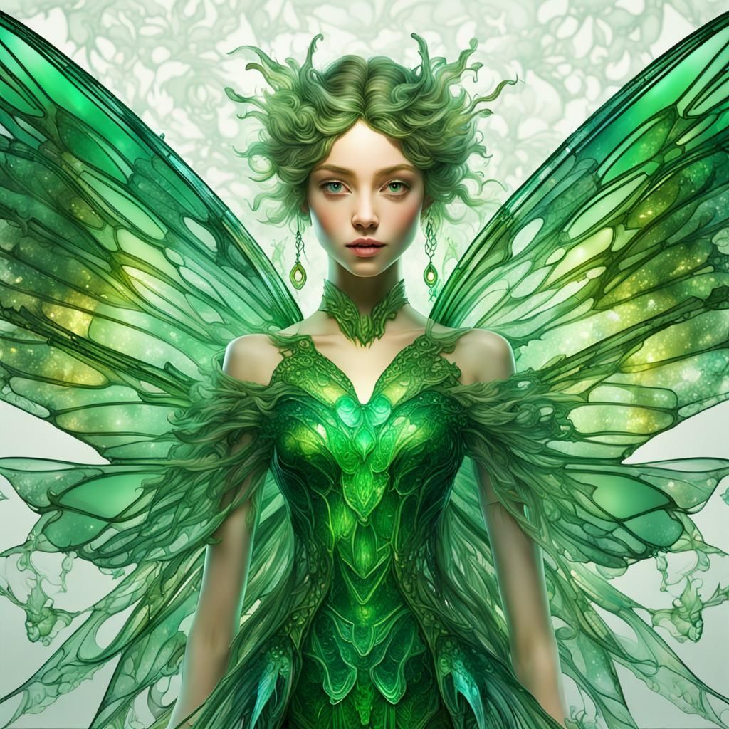 Emerald Fairy Portrait in Holographic Astral Style