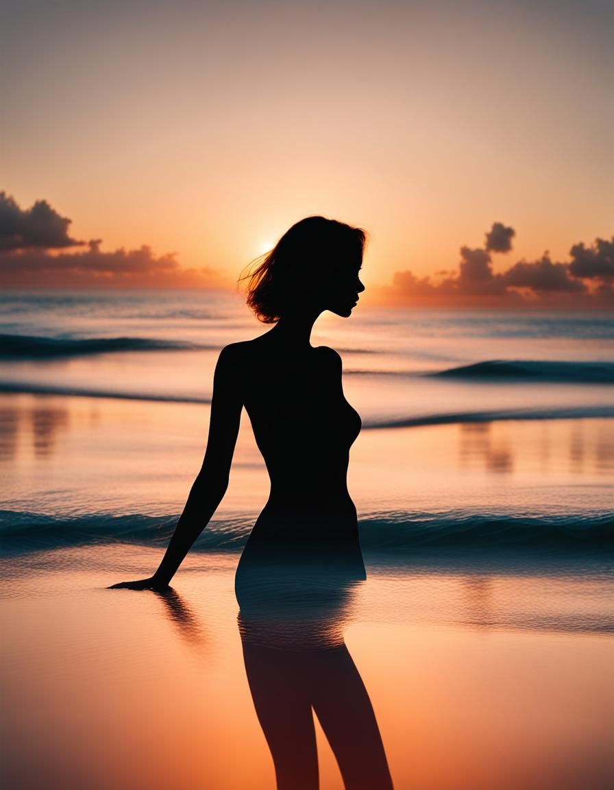 Sunset Beach Silhouette Double Exposure Photograph