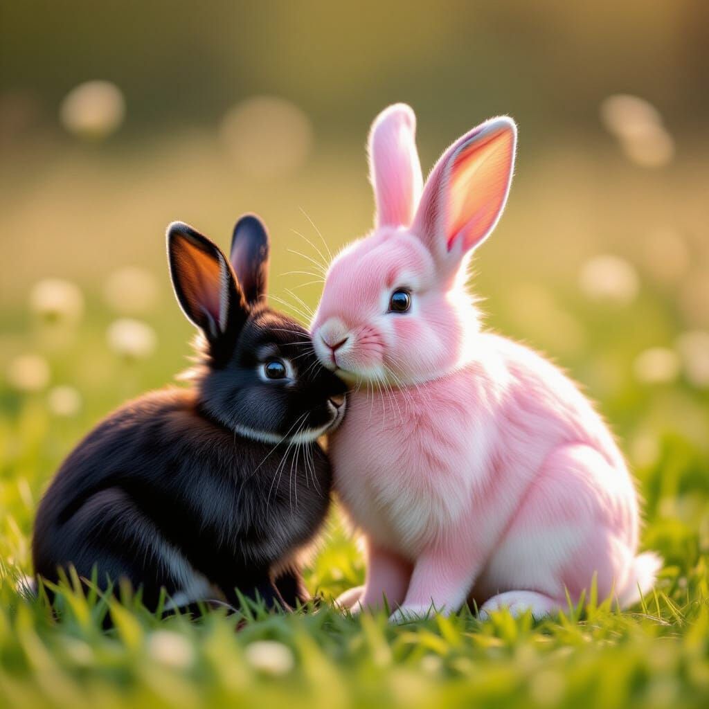 Pink Rabbit and Black Rabbit in Field