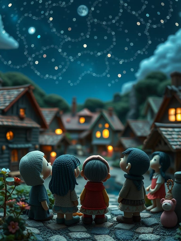Enchanting Claymation Village Under Weeping Stars