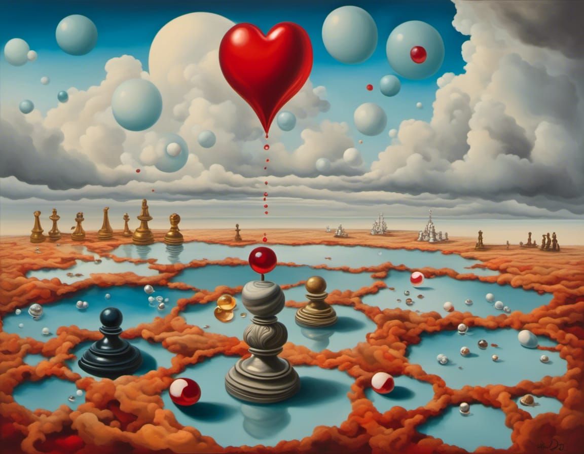 Surreal Landscape with Hearts and Bubbles, Dali Style
