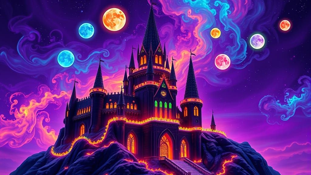 Black Opal Castle with Rainbow Fire and Five Moons