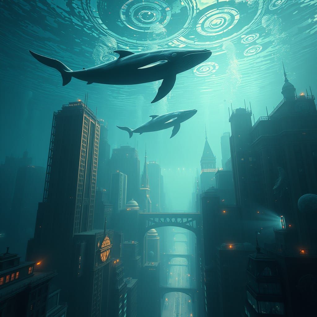 Dreamlike Cityscape of Flying Whales in an Underwater Metrop...