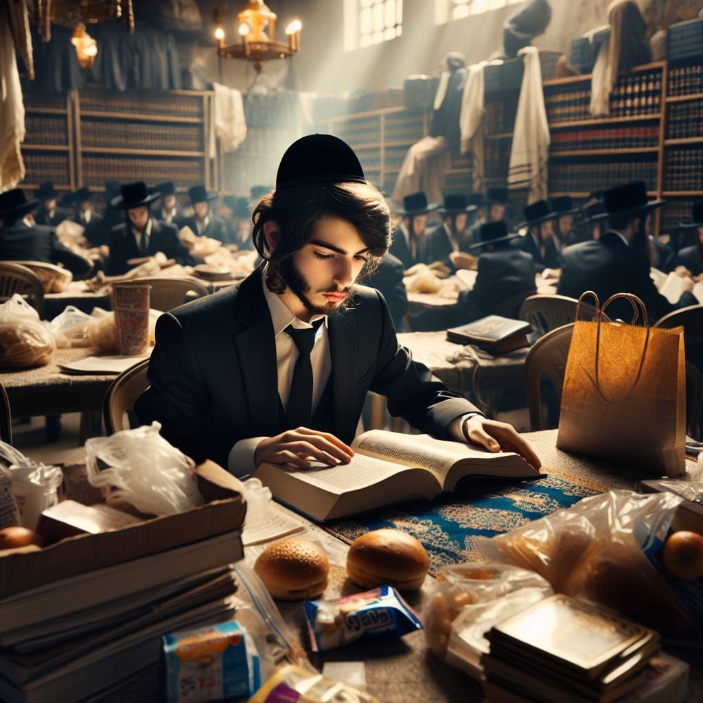 Young Yeshiva Student Studying in Sunlit Synagogue
