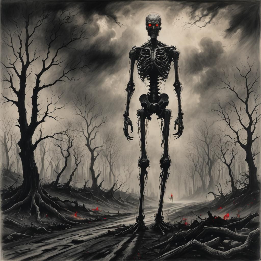 Ominous Figure in Charcoal Landscape Drawing