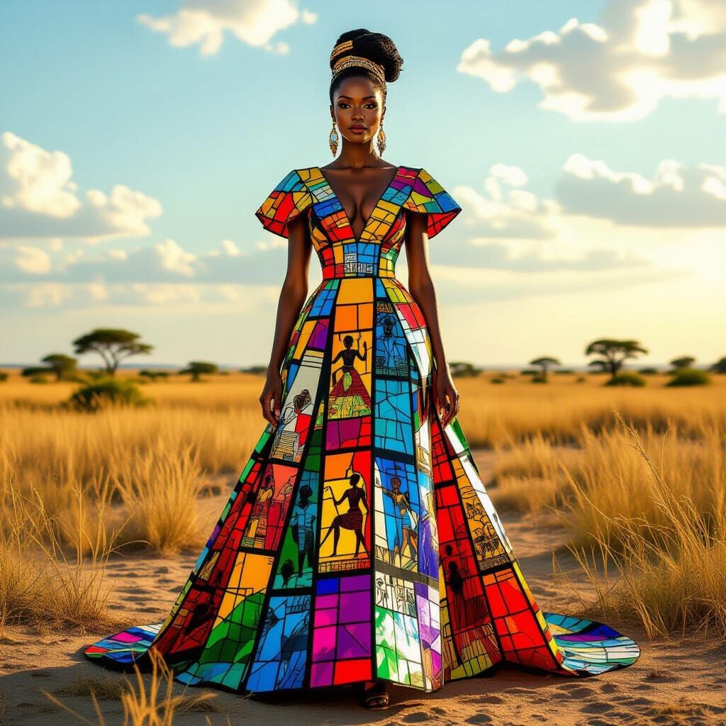 Regal Nigerian Woman in Stained Glass Yoruba Mythology Dress