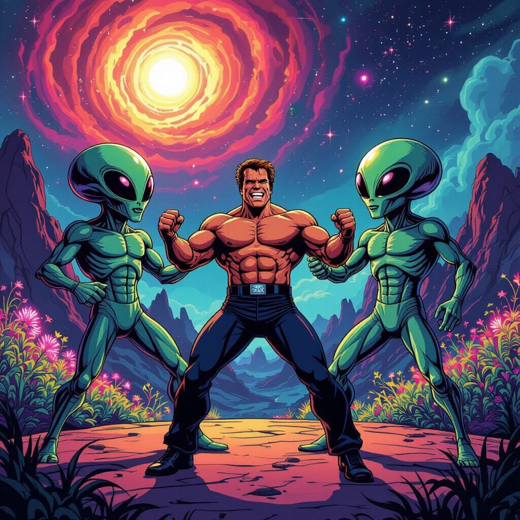 Schwarzenegger Dances with Aliens in Retro Comic Style