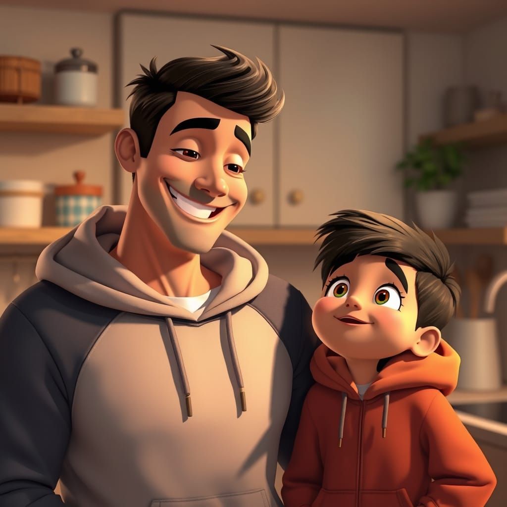 Father and Son in Kitchen, Pixar Animation Style