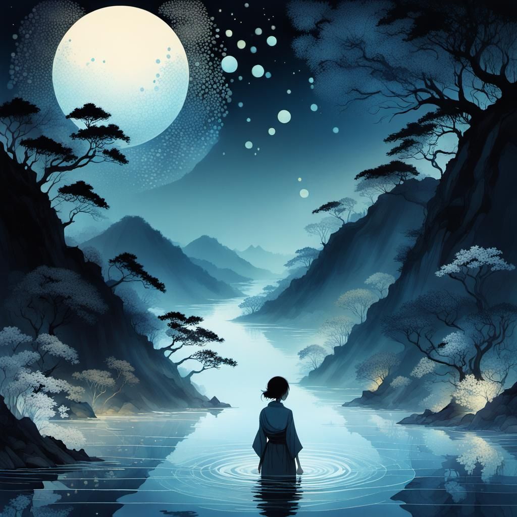 Opalescent Abstract Galaxies Under Moonlight Night