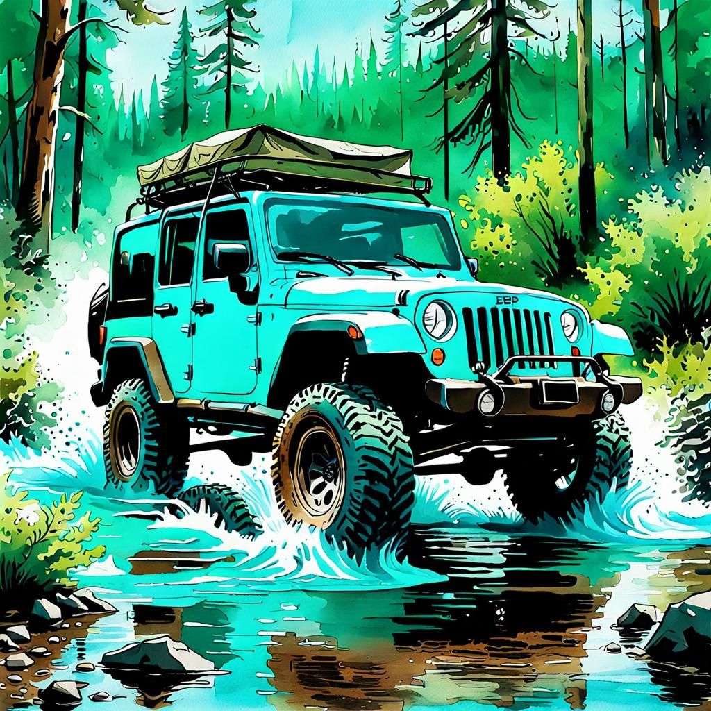 Turquoise Jeep Off-Roading in Watercolor Sketch Style