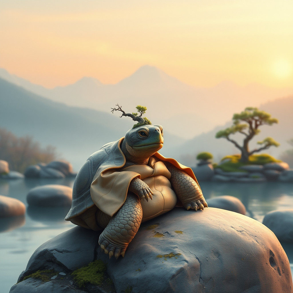Wise Turtle with Bonsai Hat in Zen Garden