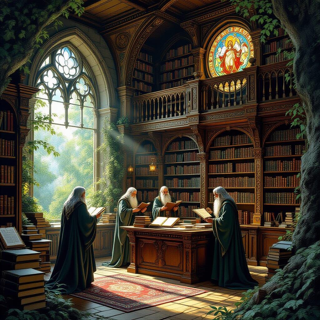 Enchanted Forest Library with Illuminated Manuscripts