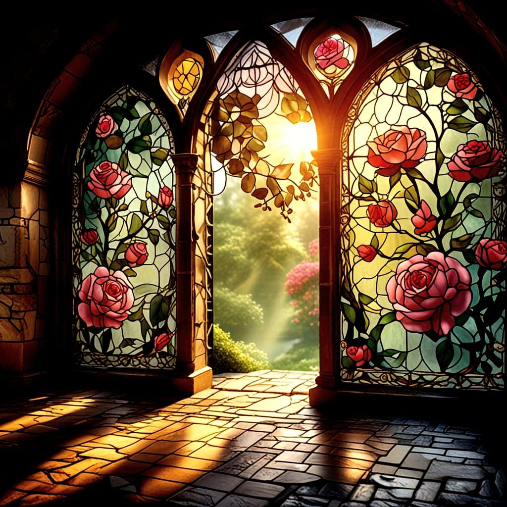 Magnificent Stained-Glass Rose Window with Sunlight