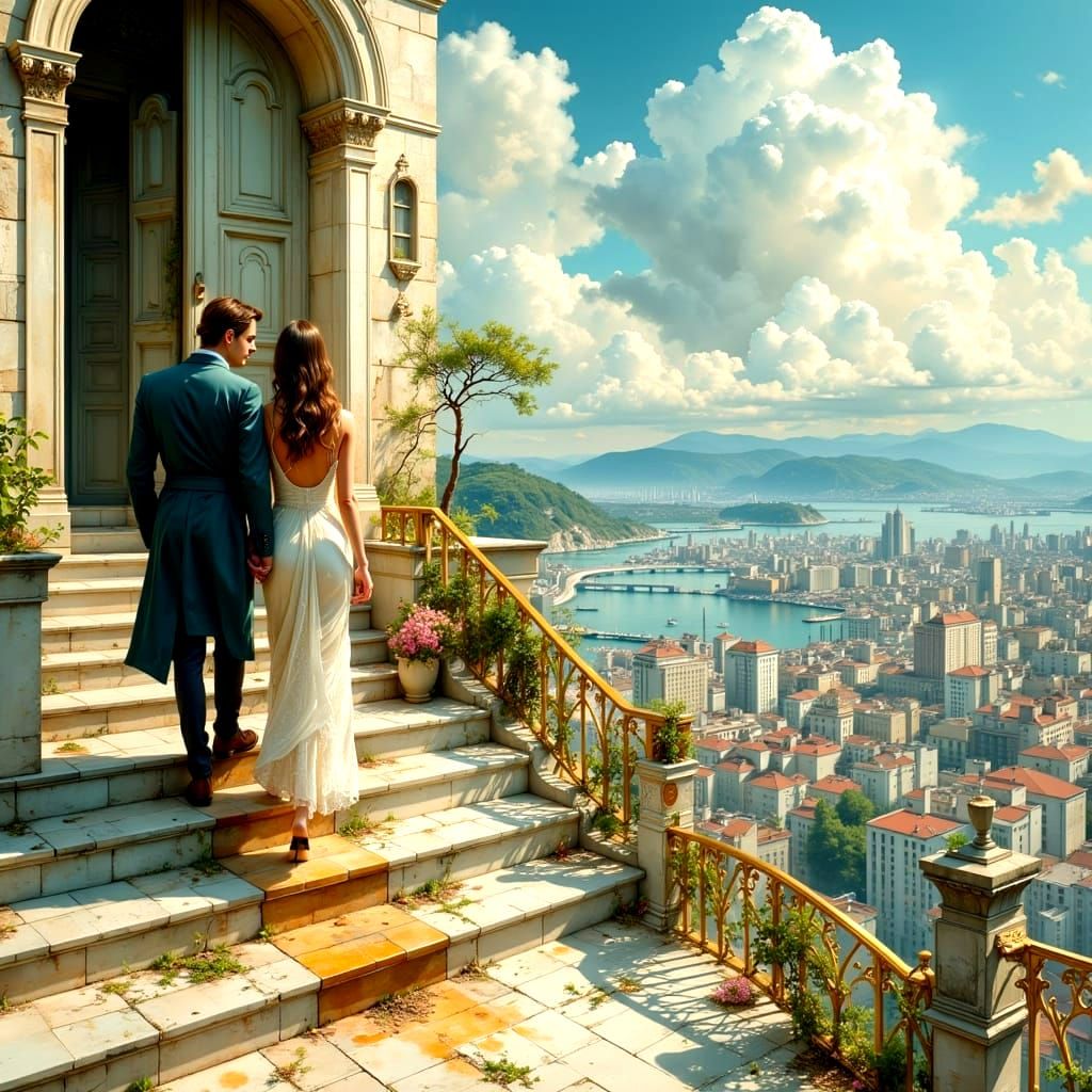 Surreal Staircase with Golden Railing in Modern Style