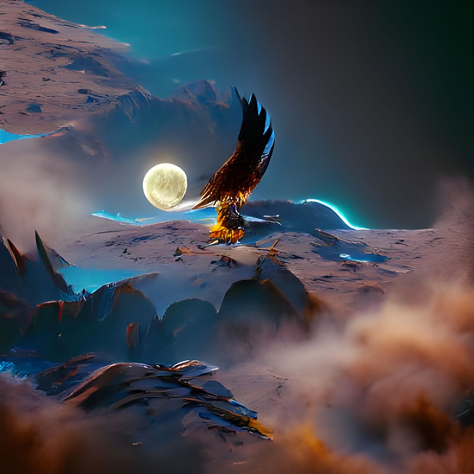 Eagle Flying Through the Moon: Detailed Matte Painting