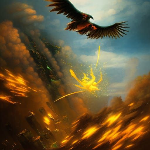 Cyberpunk-Style Phoenix Emerges from Inferno in Colorful Haw...