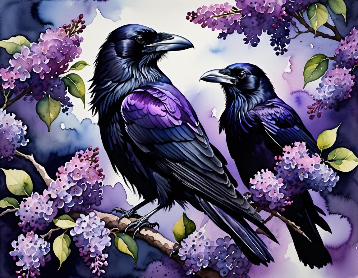Ravens in Lilac Tree: Moody Watercolor Painting
