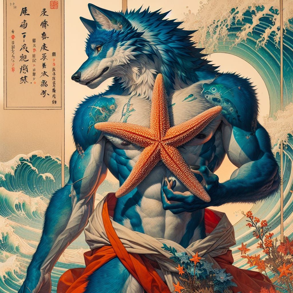 Blue Wolf with Starfish in Ukiyo-e Style
