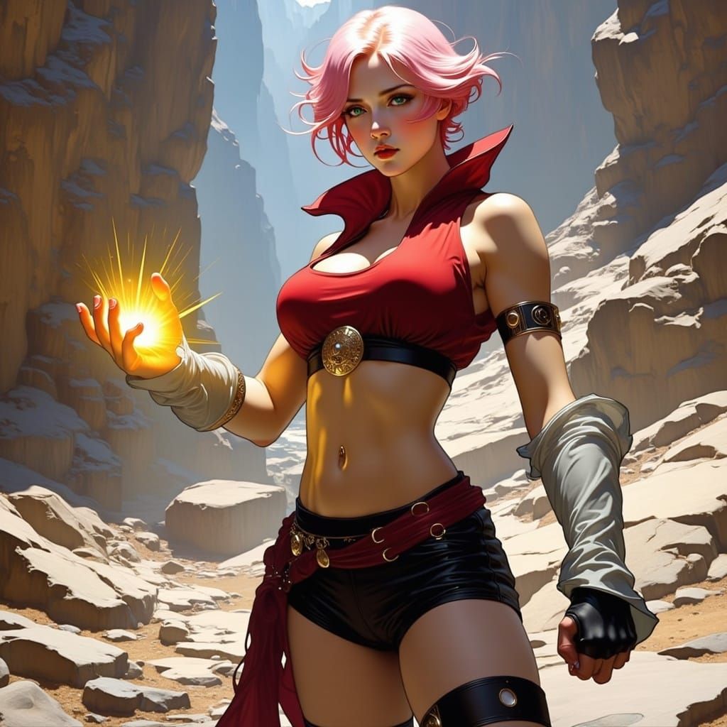 Fierce Pink-Haired Fighter on Rocky Battlefield