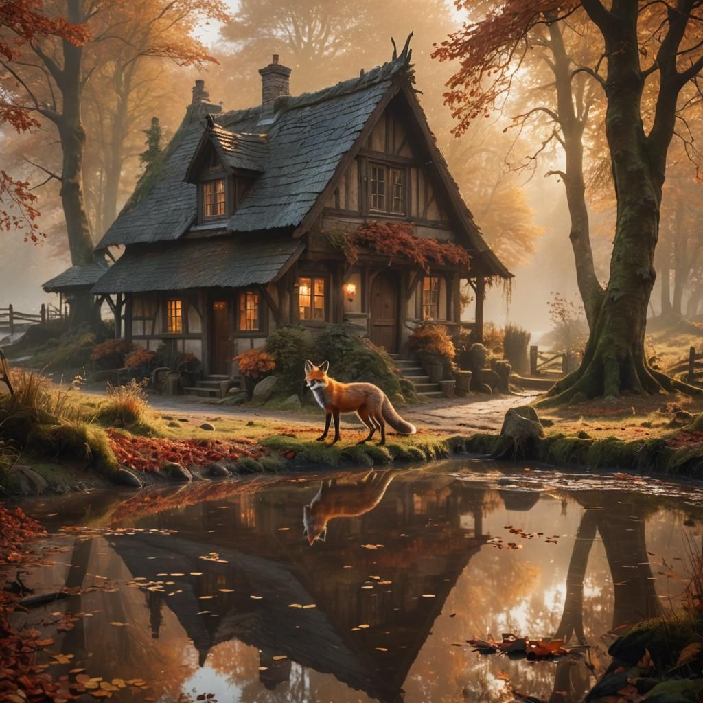 Fox Drinks in Autumnal Forest: Photorealistic Landscape