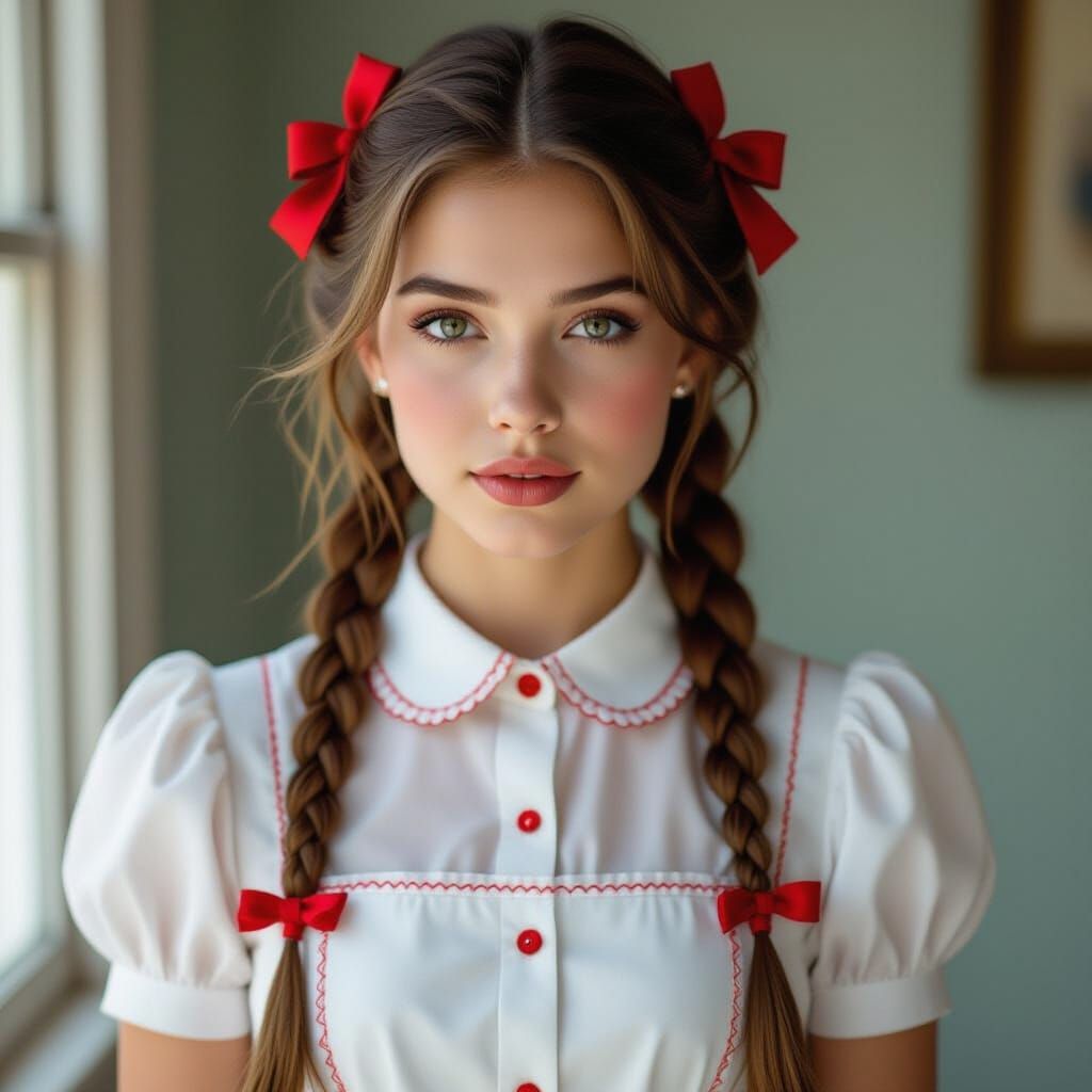 Hyperrealistic Portrait of Lena in White Blouse and Pinafore...