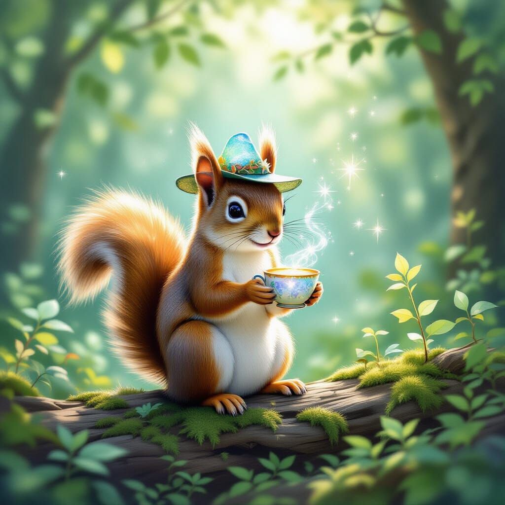 Whimsical Squirrel with Sea Glass Hat in Enchanted Forest