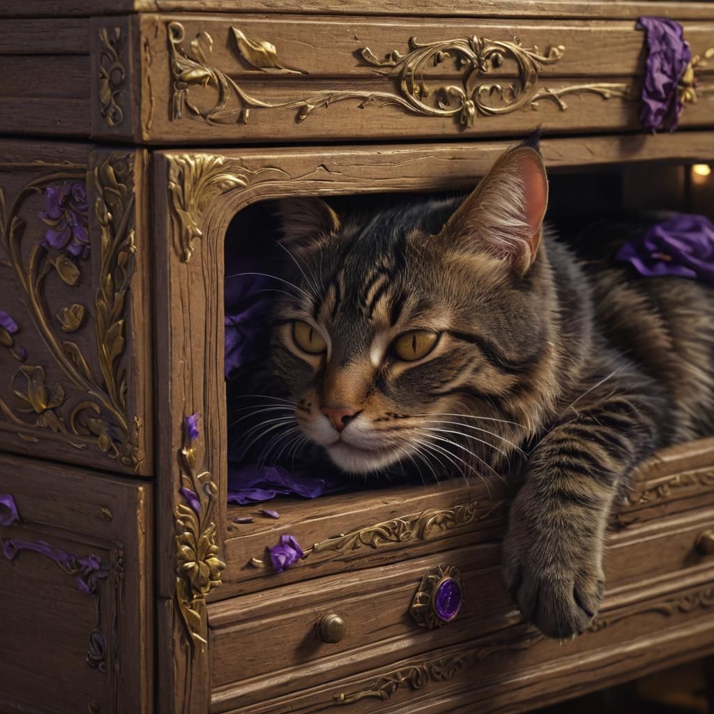 Cat Sleeping in Drawer, Dark Fantasy Concept Art