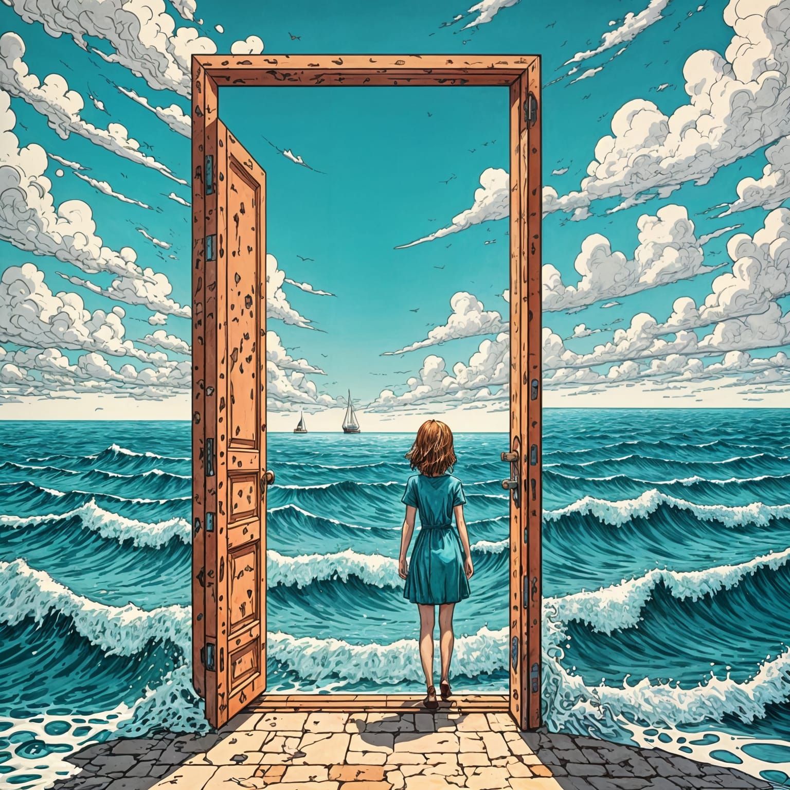 Lone Door in Endless Ocean: Surreal AI Art