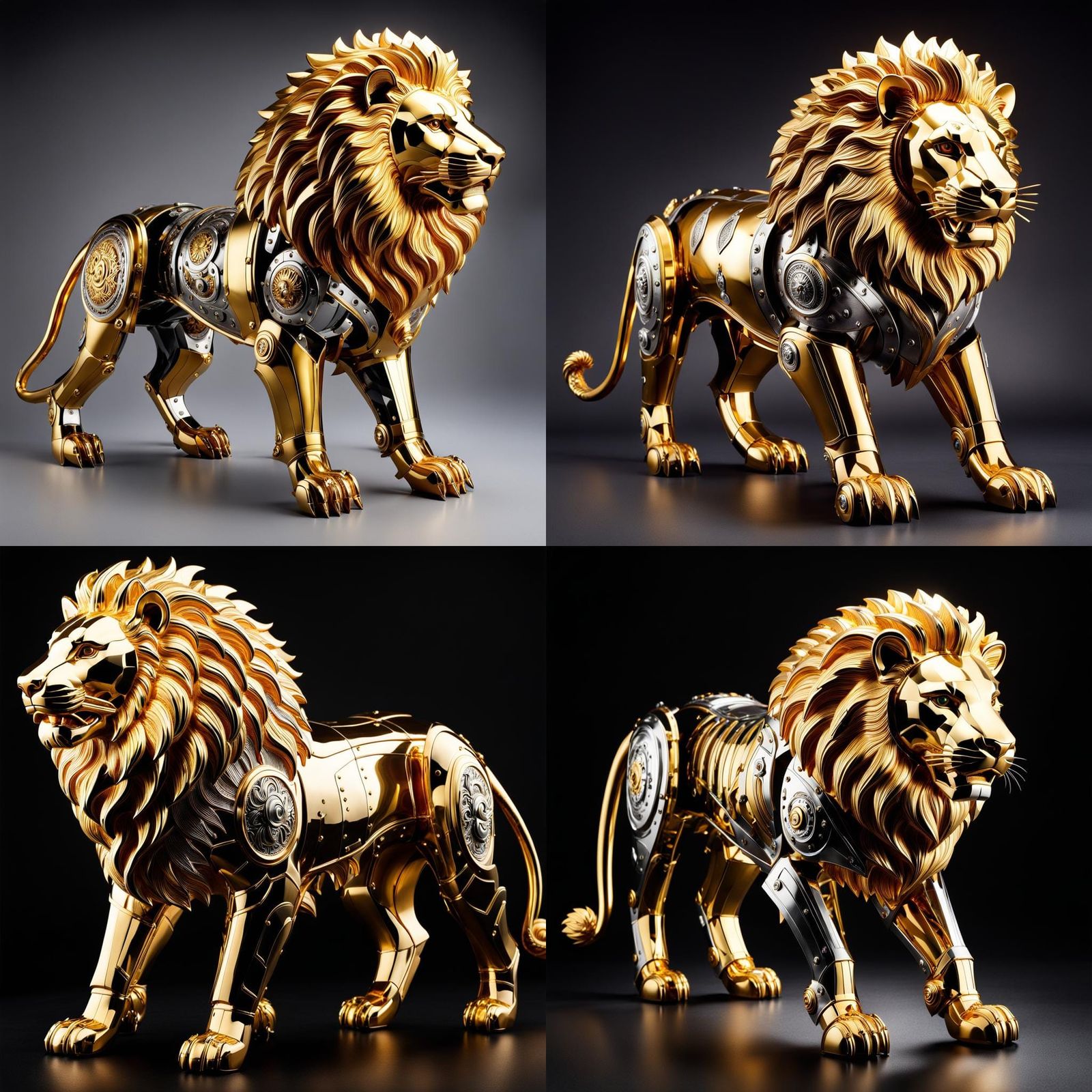 Steampunk Mechanical Lion Roaring on Stone Dais