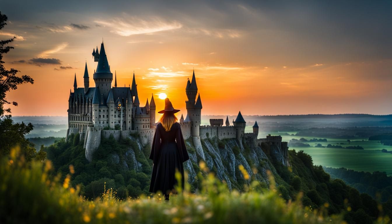 Witch on Hogwarts Castle at Summer Sunrise