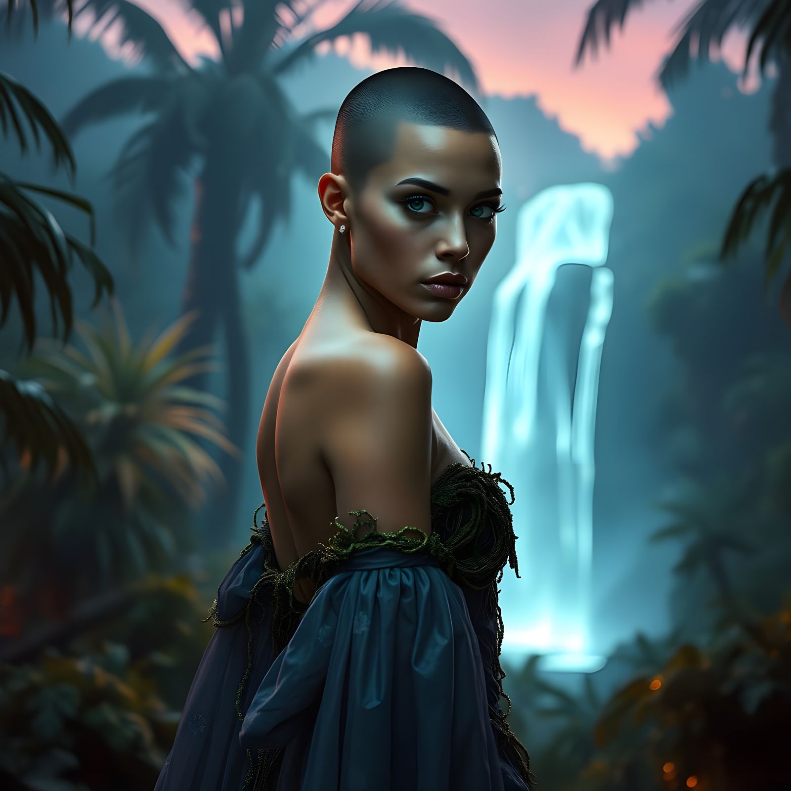 Confident Woman in Alien Jungle Twilight