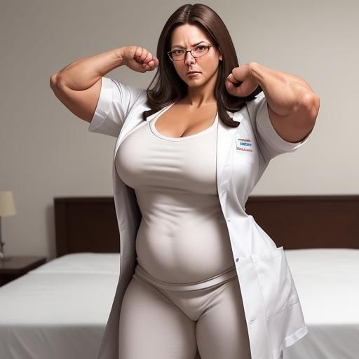 BBW Nurse Flexing Muscles in Bedroom
