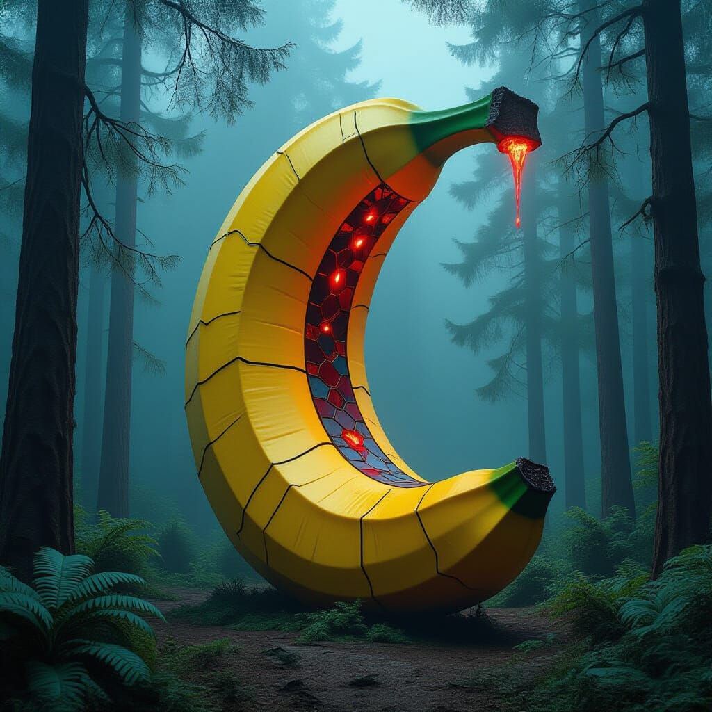 Gaudí-Inspired Banana Monument in Mystical Forest