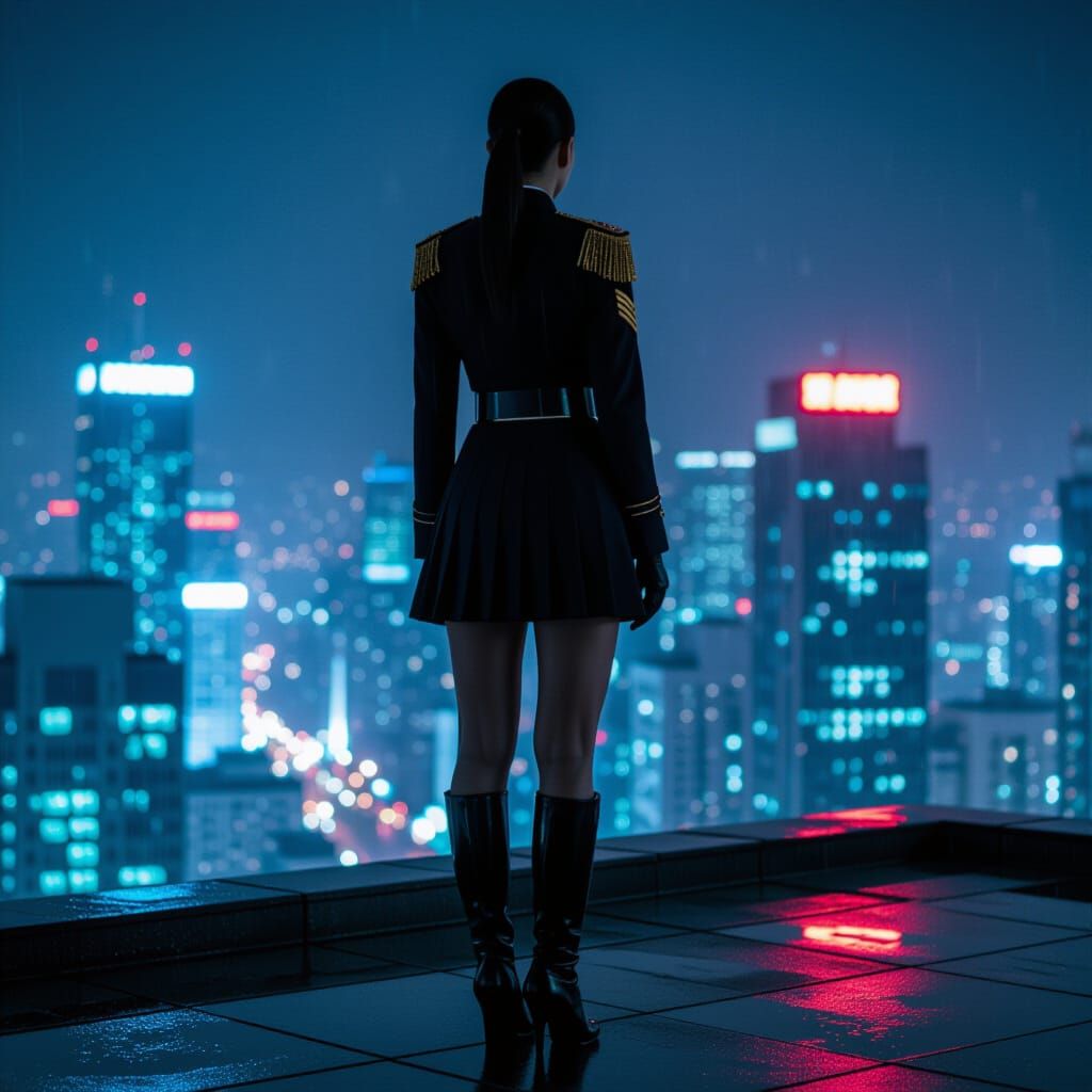 Cyberpunk Soldier on Rooftop Overlooking Neon City
