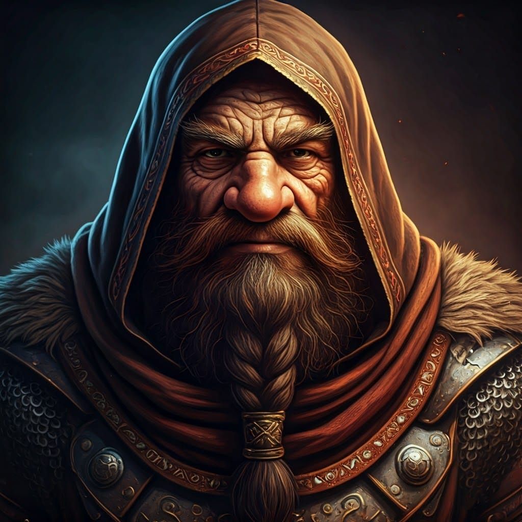 Gnarled Dwarf Warrior in Moody, Intricately Patterned Armor