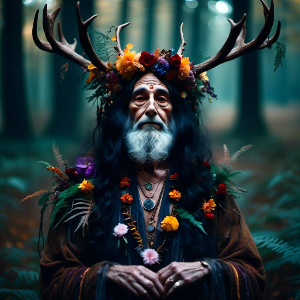 Elderly Pagan God in Forest with Antlers