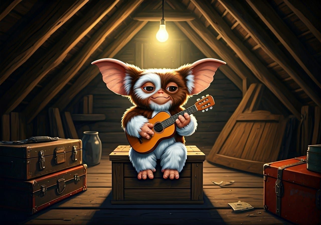Gizmo Gremlins Plays Guitar in Attic, Digital Art