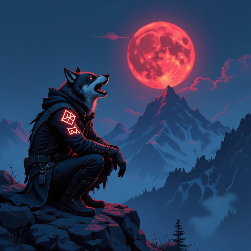 Wolf Howling at Blood Moon in Dark Fantasy Style