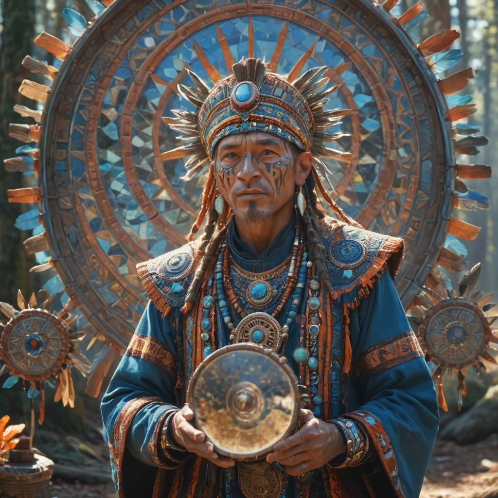 Shaman with Magic Mirrors in Sunlight