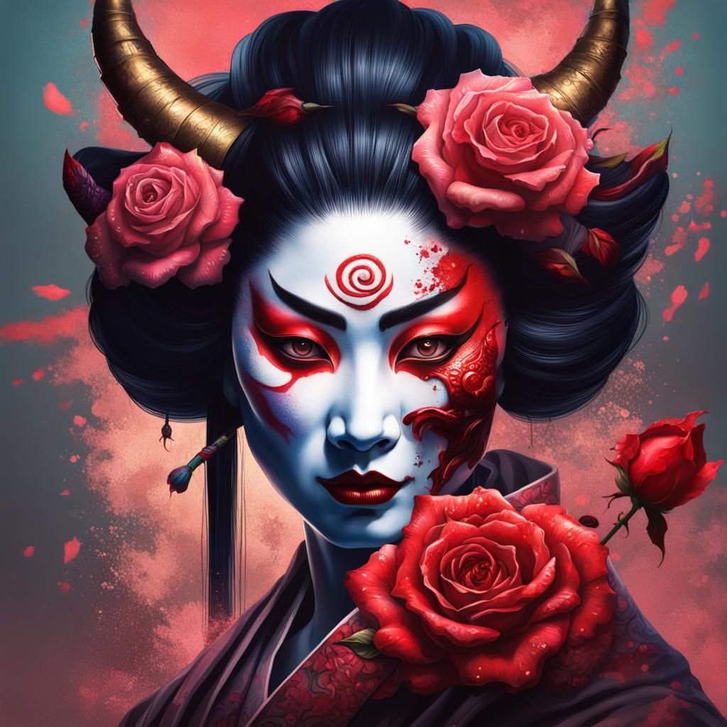 Hyperrealistic Demon Geisha with Oni Mask and Rose